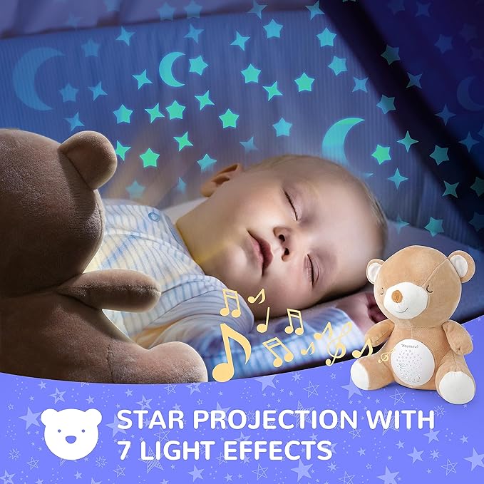 Teddy Bear Baby Soother - Sleep Soothing White Noise, Portable Night Light Projector and Melodies, Toddler Crib Lullaby Machine Sleeping Aid for Newborns and Up, Babies Stuffed Animal Plush Toy