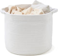 Blanket Basket - Woven Round Rope Storage Basket (16"Wx14"H) for Blankets & Throws, Small Laundry & Toy Organizer, Decorative Living Room & Bedroom Cotton Basket - White