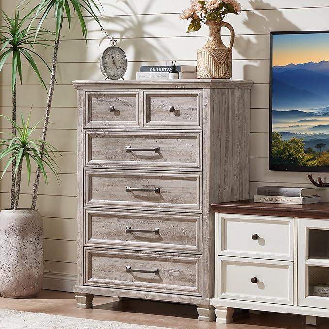 Farmhouse Bedroom Dresser and Nightstand Set of 4, 6 Drawer Tall & 5 Drawers Dresser & 3 Drawer Nightstand Set with Wooden Legs, Rustic Wood Furniture for Bedroom, Hallway, Grey