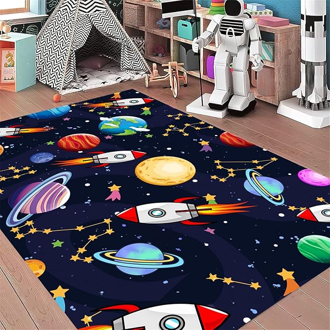 Outer Space Themed Rug,5x7ft,with Cartoon Planets,Stars and Rocket Design Rugs, Suitable for Playroom Bedroom Printed Rug, Non-Slip Machine Washable Carpet, Children's Room Decor