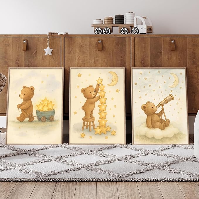 3Pcs Bear Nursery Wall Art Cute Teddy Bear with Stars and Moon Poster Animals Playing with Stars and Telescope Neutral Baby Room Decor Dreamy Prints for Kids and Babies Bedroom 12x16in Unframed