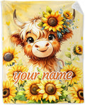 Custom Highland Cow Throw Blanket - 50" x 60" Inches Highland Cow Sunflower Blanket for Teens - Yellow Lightweight Warm Throw for Couch, Bed & Travel