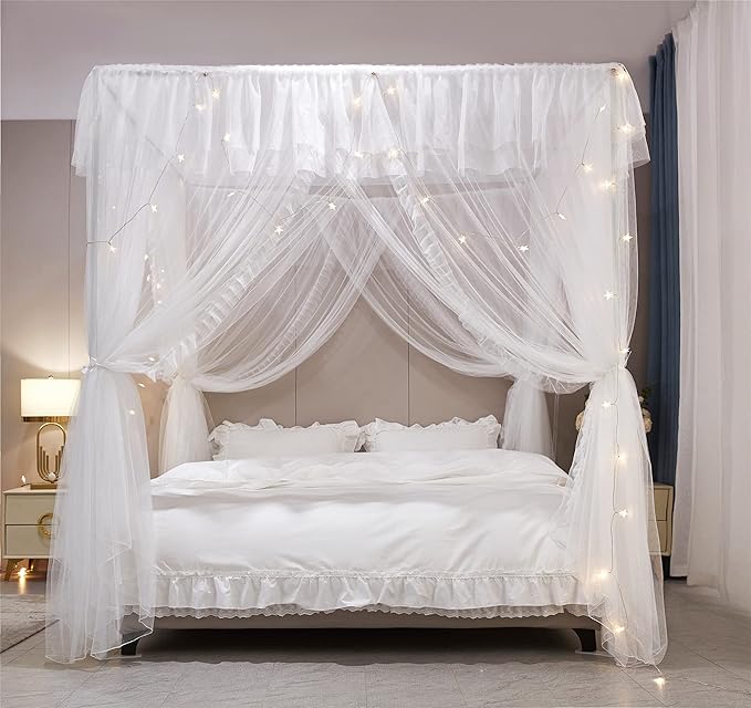 VETHIN 4 Corners Post Ruffle Princess Bed Canopy Curtain-Double Layer Cozy Drape Netting 4 Opening Mosquito Net for Girls Adults Bedroom Decoration (White/White, 47" W*78" L*82" H/Twin)