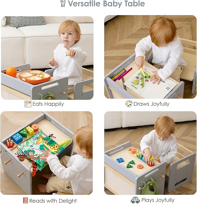Montessori Weaning Table and Chair Set - Adjustable Design for Toddlers, Ideal for Mealtime, Learning, and Play, Grey