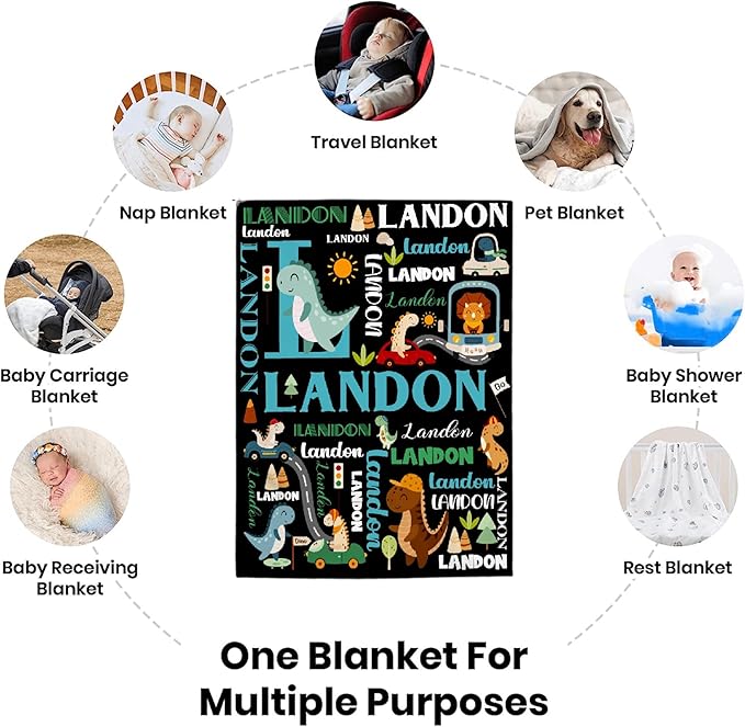Personalized Dinosaur Preschool Blanket for Toddler Kids Boys with Name - Super Soft Lightweight Customized Dino Truck Baby Crib Fleece Sheets Decor for Couch Girls - Custom Dinosaur Gifts - 30" X 40"
