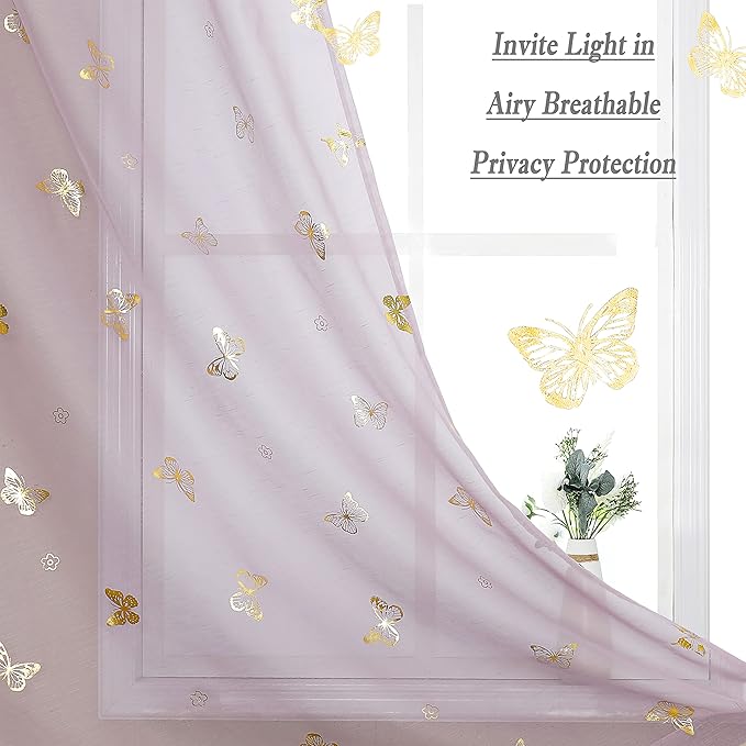 Jubilantex Butterfly Sheer Curtain Panels for Baby Girls Bedroom, Toddler Gold Print Linen Rod Pocket Voile Drapes 84 Inch for Kids Room Living Room, Lavender/Lilac Purple, 2 Panels