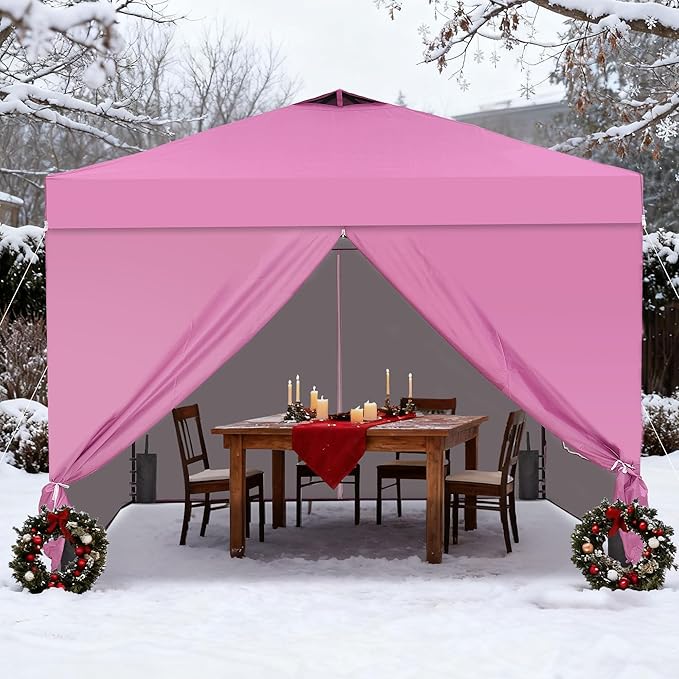 GDY 12x12 Pop Up Canopy Tent with 4 Sidewalls, Easy Set up with One Push Lift Outdoor Silver Coated Beach Gazebos, Carpas for Pool, Events, Parties, and Camping, Pink.