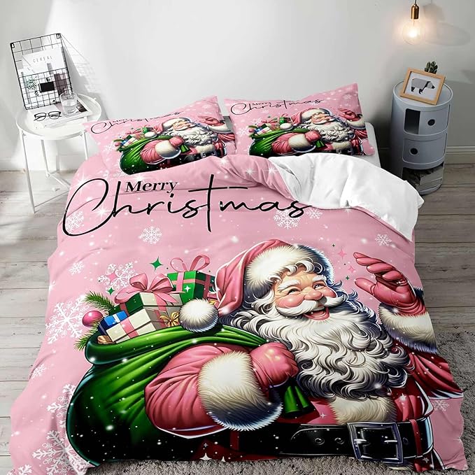 LUVIVIHOME 3PCS Pink Santa Claus Duvet Cover King, Christmas Bedding Sets, Pink Duvet Cover, Kids Girls Bedding, Snowflake Holiday Xmas Gifts Christmas Comforter Bedspread Quilt Cover, 2 Pillow Shams