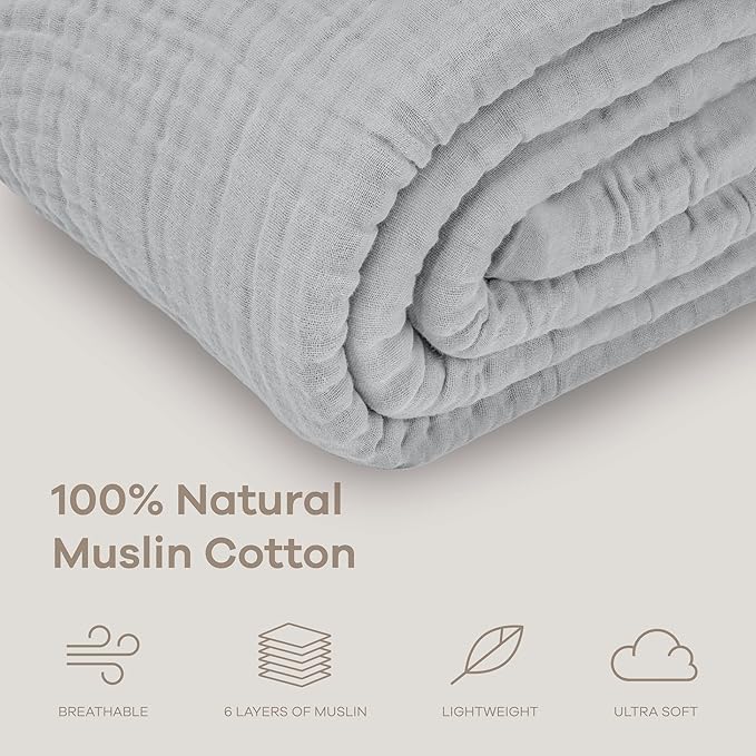 Comfy Cubs Muslin Blanket for Adults Queen 90" x 90" - 6 Layer Soft, Breathable & Lightweight Muslin Adult Blanket - Machine Washable & Designed in The US Bedding for All Seasons - Heather Blue