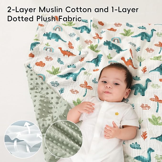 david's kids Muslin Minky Baby Blanket for Boys Girls with Muslin Cotton Front and Dotted Fleece Backing, Breathable and Soft Lightweight Receiving Blanket for Newborns, 40x50 Inches, Dinosaur