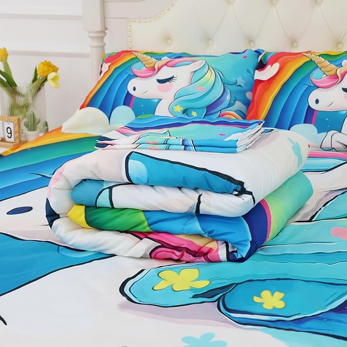 Unicorn Bedding Twin Size Rainbow Unicorn Comforter Set for Girls Kids Children Boys Bedroom Cartoon Light Blue Unicorn Quilt 1 Comforter + 1 Pillowcase