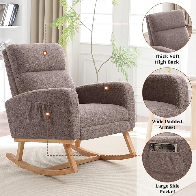 Rocking Chair Nursery with Foot Rest, Nursing Rocking Chairs for Mom Nursery, Teddy Rocker Glider with High Backrest for Living Room, Bedroom, Coffee