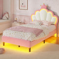 BTHFST Twin Size Bed Frame with LED Lights, Girls Twin Bed with Princess Crown, LED Velvet Upholstered Platform Bed Frame with Adjustable Headboard, No Box Spring Needed, Pink