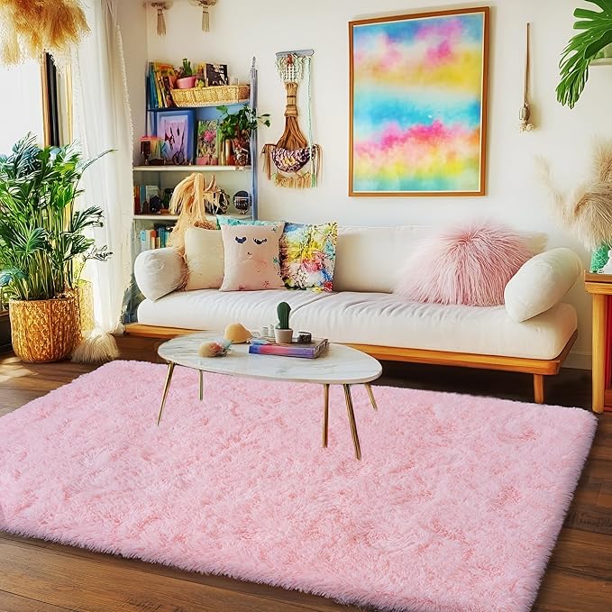 Pink Rug for Living Room, 6x9 Area Rug for Cute Girls Room, Bedside Indoor Floor Fluffy Shag Carpet, Plush Soft Rug for Bedroom Nursery Dorm Home Decor