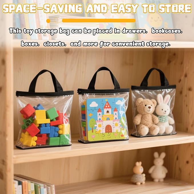 6PCS Toy Storage Bags, Clear Waterproof Toy Organizer Bags with Labels, Suitable for Storing Building Blocks, Puzzles, Stationery, and Books (6PCS L: 11.8 * 8.66 * 3.9Inch)