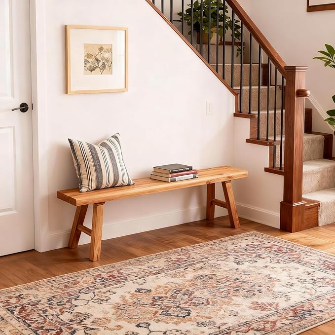 Wooden Entryway Bench Farmhouse for Bedroom End of Bed Vintage Artisan Live Edge Ustic Interior Decor Accent Mudroom,Bedside,Dinette Table,Noodle Narrow Bench (31.5" W x 17.7" H x 10" D)