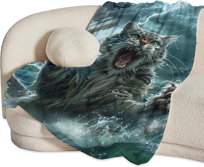 Flannel Cat Throw Blanket 80"x60" Blue and White Modern Style for Adults and Children, Lightweight, Anti-Allergy, Perfect for Napping, Reading, Travel, Camping