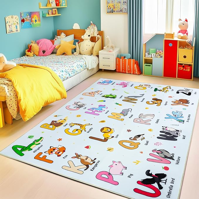 Kids Rugs for Playroom, 7x9 Feet Educational Rug for Learn The ABC Alphabet, Soft Machine Washable Non-Slip Cute Cartoon Animals Carpet for Classroom Toddler Nursery Kids Room Decor, Blue