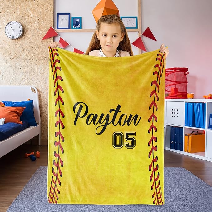 Personalized Softball Kids Blanket with Naumber and Name - Custom Sport Bed Blankets Gift for 0-3 Months Baby Essential - Super Warm and Comfortable 30x40inch