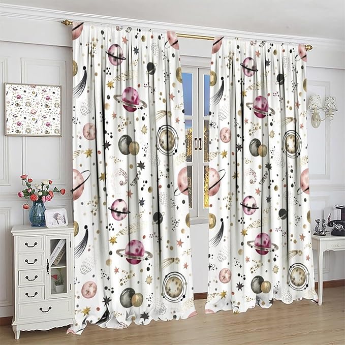 Kids Outer Space Curtains, Cartoon Galaxy Planet Universe Starry Starts Printed Window Drapes for Boys Girls Teens Bedroom Nursery 63" W X 72" L