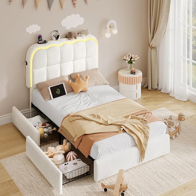 Twin Bed Frame with Storage Drawers and Headborad, Upholstered LED Twin Size Platform Bed Frame for Kids – Sturdy Metal Bed Frame Twin with Wood Slats Support, No Box Spring Needed,White