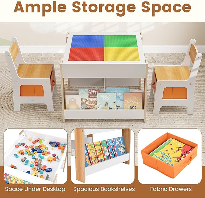 INFANS Kids Table and Chair Set, 4 in 1 Building Block Wooden Activity Desk with Reversible Tabletop Storage Drawers Bookshelves for Toddlers Art Craft Learning Reading Drawing Playroom (Natural)