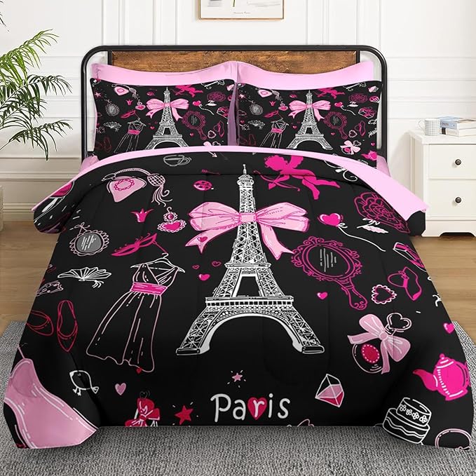 7 Pcs Queen Size Comforter Set with 2 Pillowcases & 2 Shams, Paris Eiffel Tower Bedding for Kids and Adults, Cute Pink Makeup Fashion Dress Bed in a Bag with Flat Fitted Sheet