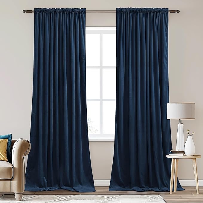 StangH Navy Blue Curtains 84 inches Long Super Soft Velvet Blackout Noise Reducing Panels Back Tab Thermal Insulated for Sliding Door Living Room Bedroom, W62 x L84, 2 Panels