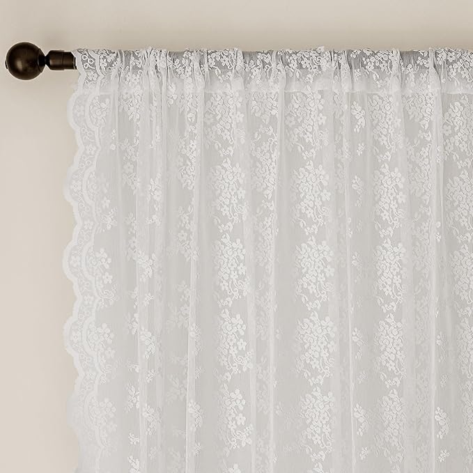 Anmao Vintage White Lace Curtains 108 Inches Long 2 Panels, Romantic Elegant Light Filtering Semi Sheer Floral Thick Lacy Curtain Drapes for Living Room and Bedroom, Each Panel 55W x 108L, Off White