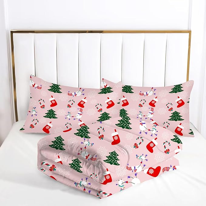 Pink Christmas Comforter Set: Full Size Christmas Tree Snowman Bedding Set for Teens Girls Xmas Stocking Candy Cane Quilts Snowflake Bed Set 1 Comforter & 2 Pillowcases