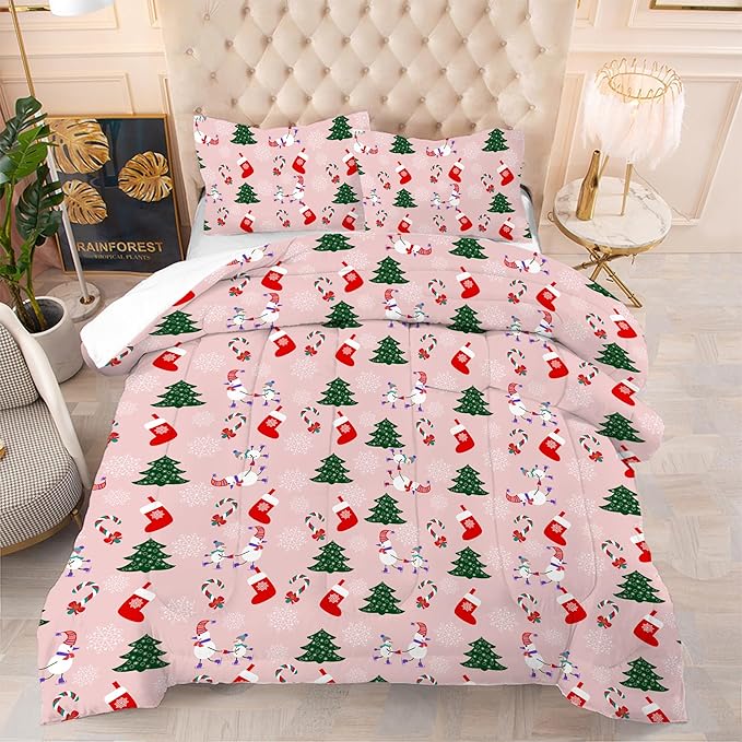 Pink Christmas Comforter Queen: Cartoon Xmas Snowman Bedding Sets Queen Size for Teen Girls Women Adults Christmas Tree Snowflakes Quilt Bed Set 1 Comforter & 2 Pillowcases