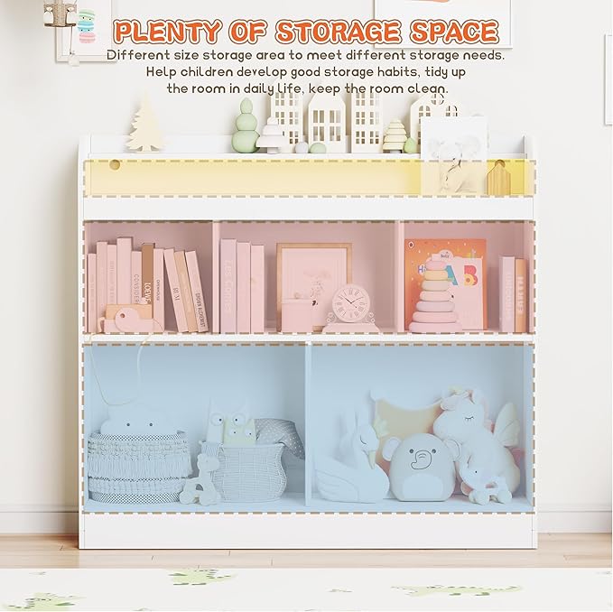 Lkeiyay Open Shelf Kids Bookcase，Montessori Toy Organizer with LED Lights - White Wooden Open Bookcase for Kids, Bedroom, Back to School，Playrooms & Nurseries