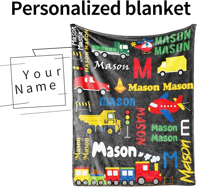 Personalized Blanket with Name for Boys, Custom Name Blanket City Car Transport, Soft Flannel Teen Blankets Customized Gift for Birthday Christmas-50x60in