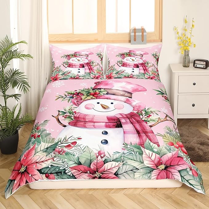 Manfei Xmas Snowman Duvet Cover Set Full Size, Leaves Flower Snowflake Comforter Cover with 2 Pillowcases, Christmas Pink Bedding Set 3pcs for Kids Boys Girls Lightweight Bedspread Cover,No Comforter