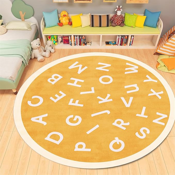 Round Playroom Area Rug,7ft,ABC Children's Round Bedroom Rug, Non-Slip Washable Baby Nursery Rug, Large Toddler Rug Educational Crawling Mat, Suitable for Nursery, School Classroom, Playroom