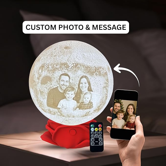 Personalized Christmas Moon Lamp with Custom Photo & Text – Moon Light for Holidays, Christmas Decor, Stocking Stuffers & Family Keepsakes | Christmas Gift for Family, Couples, Kids & Friends