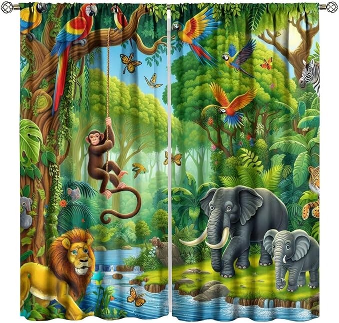 Animals Window Curtain Cartoon Jungle Forest Elephant Lion Print Curtains for Kids Boys Girls Nursery Baby Bedroom Playroom Home Decor Window Drapes 42" W X 63" L