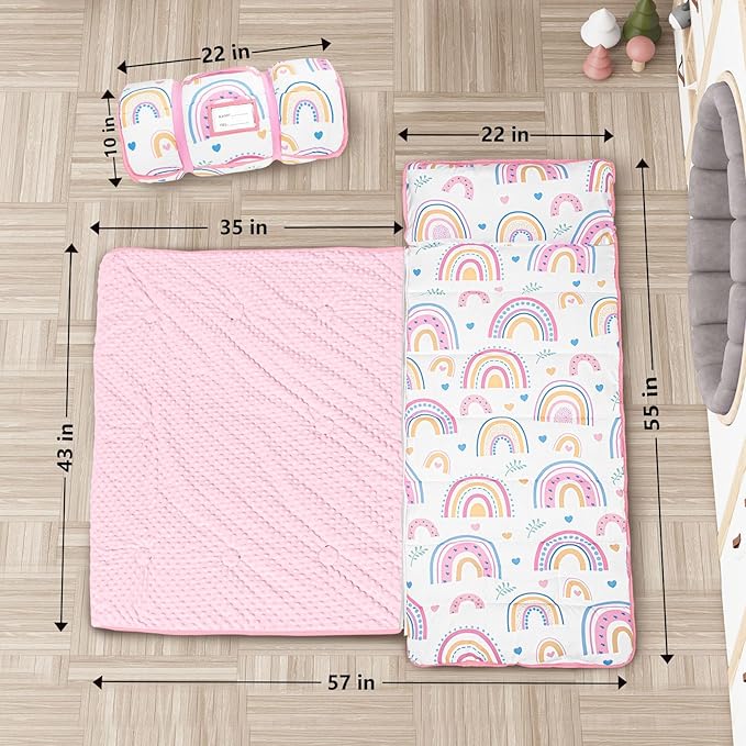 Primlect Toddler Nap Mat Extra Large Thickened 55''x35'', Soft Sleeping Bag with Detachable Minky Blanket and Pillow, Portable for Daycare, Preschool, Kindergarten, Travel, Boys and Girls