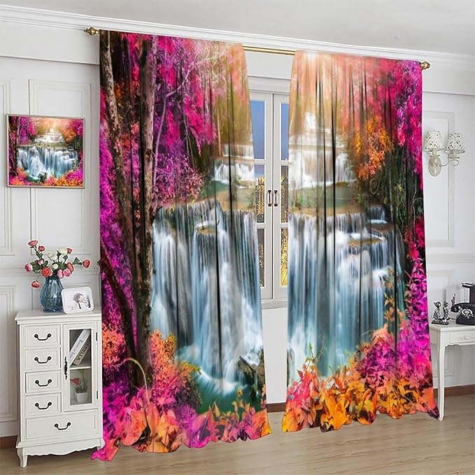 Waterfall Blackout Window Curtains, Nature Landscape Fores Theme Rod Pocket Window Drapes, for Living Room Bedroom 72" W X 63" L