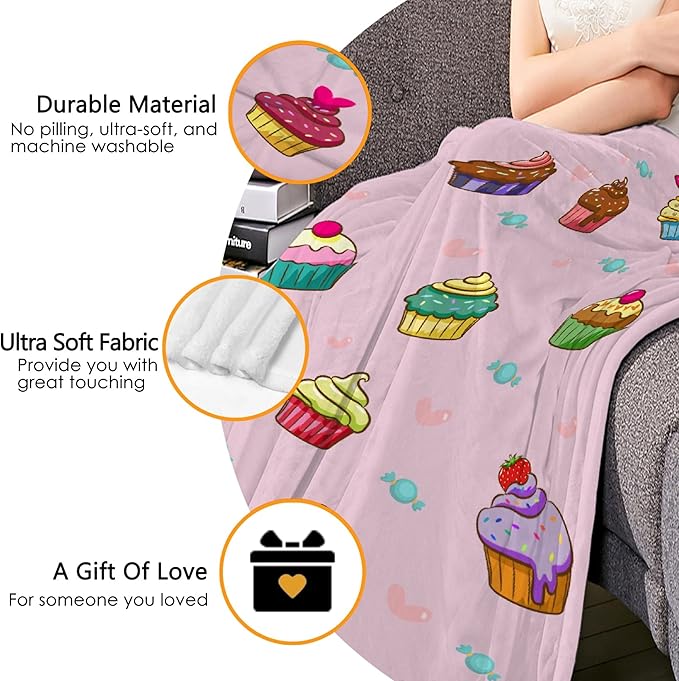 Thuswarm Cupcake Candy Pink Flannel Throw Blanket Warm Cozy Soft Funny Print Blankets for Bed Couch Sofa Room Decoration Gifts 80”×60” Large for Adult
