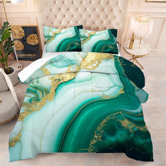Comforter Set Green Marble: Queen Size Emerald Green Gold Bedding Set for Teen Girls Kids Adults Abstract Turquoise Watercolor Marbling Quilt Bed Sets 1 Comforter & 2 Pillowcases
