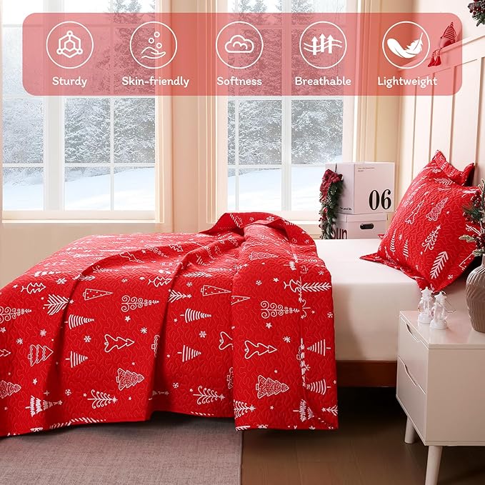 JSD 2 Pcs Kids Christmas Quilt Set Twin Size, Red Christmas Tree Bedding, Soft Microfiber Bedspread Coverlet Holiday Quilted Blanket