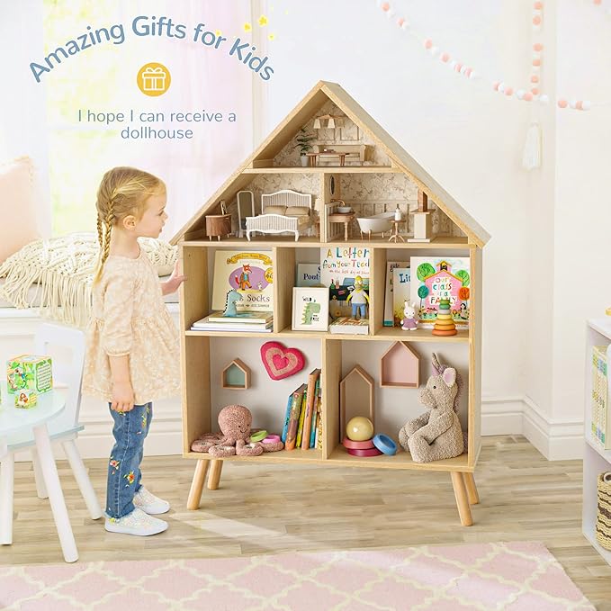 Curipeer Kids Dollhouse Bookshelf and Baby Storage - Wooden Stand Dollhouse Bookcase with 4-Tier Storage Display Organizer, Children Bookshelf for Playing Room, Nursery - Natural Wood Color