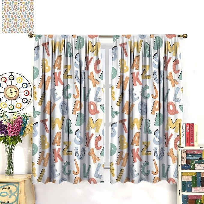 Kids Alphabet Letter Curtains Cute Funny Education Printed Curtain with Rod Pocket for Bedroom Living Room Home Decor Drapes Window Treatments 2 Panels Set 63" W X 63" L