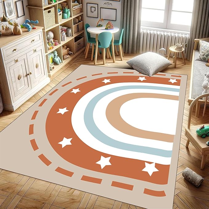 Machine Washable Rainbow Rugs Bedroom Fluffy Plush Soft Area Rugs Star Rainbow Patterns Living Room Non-Slip Indoor Flooring Kids Girls Boys Home Decor Aesthetics 2x4ft