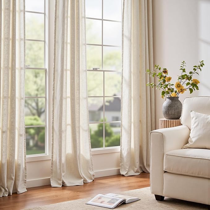 jinchan Beige Linen Blend Curtains 84 Inches Length 2 Panels for Bedroom Living Room, Light Filtering 60 Inches Wide Natural Farmhouse Drapes with Rod Pocket Back Tab (60W x 84L, Ecru)