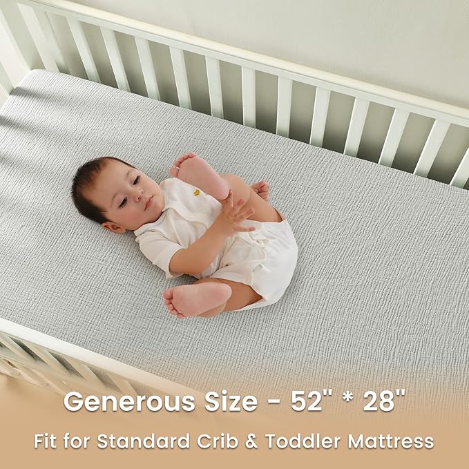 david's kids Muslin Crib Sheets for Boys Girls, 2 Pack 100% Cotton Soft Breathable Fitted Baby Neutral Sheet Set, Standard 52"x28" Crib and Toddler Mattress, Oat Milk & Light Gray