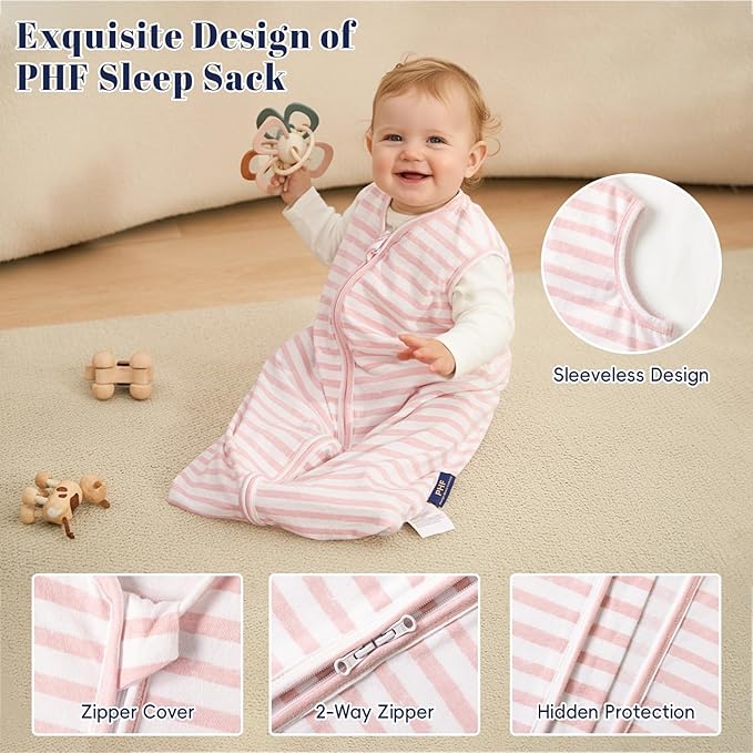 PHF Soft Baby Sleep Sack 12-18 Months 100% Organic Cotton Wearable Blanket, 2-Way Zipper 0.5 TOG Toddler Sleeping Sack 3 Pack, Comfy Sleep Bag for Baby Girls, Pink Floral (Large)