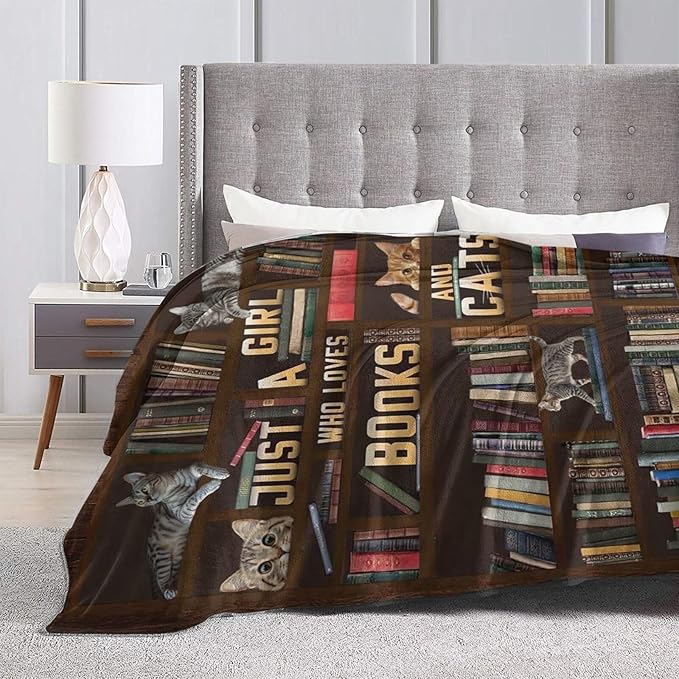 Cute Cat Blanket Just a Girl Who Loves Books and Cats Throw Blankets for Kids Teens Adults Warm Soft Lightweight Plush Funny Animal Print Fleece Flannel Throws Bedding Reading Gifts for Girls 60"x50"