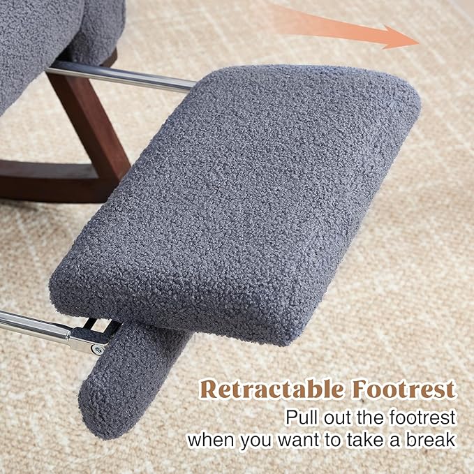 Rocking Chair Nursery with Foot Rest, Teddy Nursing Rocking Chairs for Mom Breastfeeding, Rocker Glider Chair with High Backrest for Living Room, Bedroom, Blue Grey
